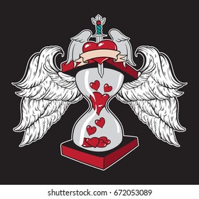 Vector hand drawn illustration of hourglass with hearts and wings. Template for card, poster, banner, print for t-shirt .