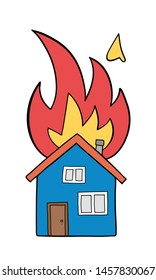 Vector hand drawn illustration of house fire, detached house on fire. Black outlines and colored.