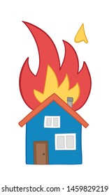 Vector hand drawn illustration of house fire, detached house on fire. Colored outlines and colored.