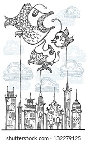 Vector hand drawn illustration to houses and fantastic fish flying in the sky.