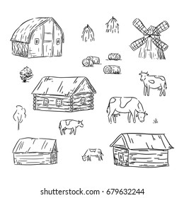 Vector hand drawn illustration of  houses,cows and mill.