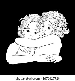 Vector  hand drawn  illustration of hugging cupids . Creative artwork. Template for card, poster, banner, print for t-shirt, pin, badge, patch.