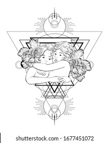 Vector  hand drawn  illustration of hugging cupids . Creative tattoo artwork with geometrical composition. Template for card, poster, banner, print for t-shirt, pin, badge, patch.