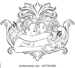 Vector  hand drawn  illustration of hugging cupids with wings and rococo frame . Creative tattoo artwork. Template for card, poster, banner, print for t-shirt, pin, badge, patch.