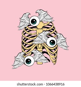 Vector hand drawn illustration of human ribs with flying eyes  isolated. Template for card, poster, banner, print for t-shirt, pin, badge, patch. 