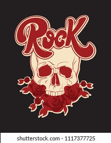 Vector hand drawn illustration of human skull with beard of flowers. Handwritten lettering. Template for card, poster. banner, print for t-shirt, pin, badge, patch.