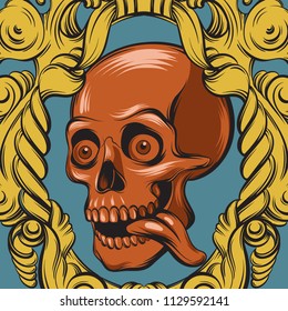 Vector hand drawn illustration of human skull in baroque frame. Colorful placard. Template for card, poster. banner, print for t-shirt, pin, badge, patch.