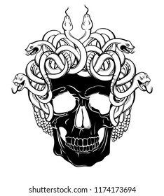 Vector hand drawn illustration of human skull with bunch of snakes isolated . Creative tattoo artwork. Template for card, poster, banner, print for t-shirt, pin, badge, patch.
