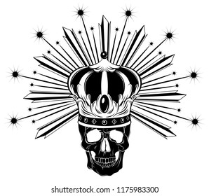 Vector hand drawn illustration of human skull in crown isolated. Creative tattoo artwork. Template for card, poster, banner, print for t-shirt, pin, badge, patch.