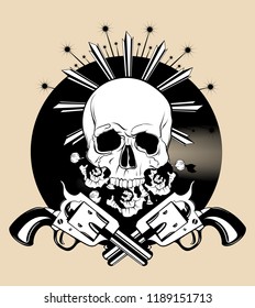Vector hand drawn illustration of human skull with guns and flowers. Creative tattoo artwork. Template for card, poster, banner, print for t-shirt, pin, badge, patch.