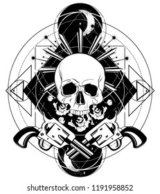 Vector hand drawn illustration of human skull with guns and flowers. Creative tattoo artwork. Template for card, poster, banner, print for t-shirt, pin, badge, patch.