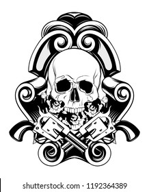 Vector hand drawn illustration of human skull with guns and flowers in frame. Creative realistic tattoo artwork.Template for card, poster, banner, print for t-shirt, pin, badge, patch.