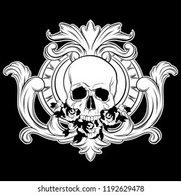 Vector hand drawn illustration of human skull with flowers in frame. Creative realistic tattoo artwork. Template for card, poster, banner, print for t-shirt, pin, badge, patch.