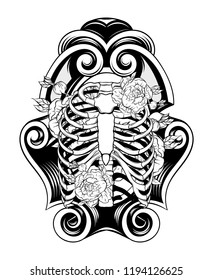 Vector hand drawn illustration of human ribs with flowers in frame. Creative realistic tattoo artwork. Template for card, poster, banner, print for t-shirt, pin, badge, patch.
