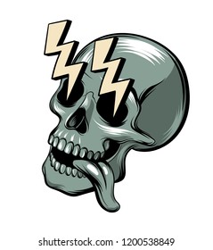 Vector hand drawn illustration of human skull with lightning isolated . Creative tattoo artwork. Template for card, poster, banner, print for t-shirt, pin, badge, patch.