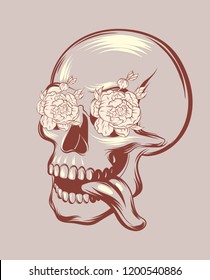 Vector hand drawn illustration of human skull with flowers isolated . Creative tattoo artwork. Template for card, poster, banner, print for t-shirt, pin, badge, patch.