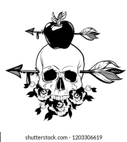Vector hand drawn illustration of human skull with arrow in his head isolated. Creative tattoo artwork.Template for card, poster, banner, print for t-shirt, pin, badge, patch.