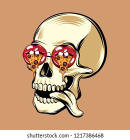 Vector hand drawn illustration of human skull n sunglasses with mouths with slice of pizza . Template for card, poster, banner, print for t-shirt, pin, badge, patch.