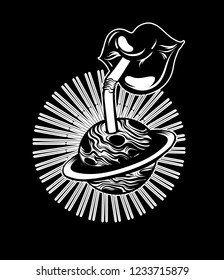 Vector hand drawn illustration of human mouth with straw and planet isolated . Creative tattoo artwork. Template for card, poster, banner, print for t-shirt, pin, badge, patch.