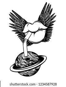 Vector hand drawn illustration of human mouth with straw , wings and planet isolated . Creative tattoo artwork. Template for card, poster, banner, print for t-shirt, pin, badge, patch.