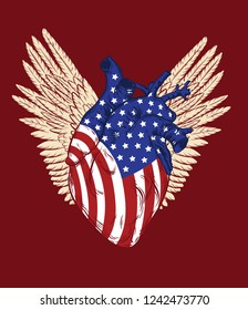 Vector hand drawn illustration of human heart with american flag isolated . Creative tattoo artwork. Template for card, poster, banner, print for t-shirt, pin, badge, patch.