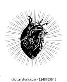 Vector hand drawn illustration of human heart  isolated . Creative tattoo artwork. Template for card, poster, banner, print for t-shirt, pin, badge, patch.