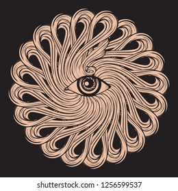 Vector hand drawn illustration of human eye with ornament isolated. Creative tattoo artwork. Template for card, poster, banner, print for t-shirt, pin, badge, patch.