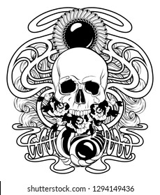 Vector hand drawn illustration of human skull with decorative elements isolated. Surrealistic tattoo artwork. Template for card, poster. banner, print for t-shirt, pin, badge, patch.