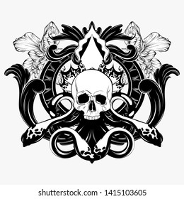 Vector hand drawn illustration of human skull with baroque frame and flowers isolated. Creative tattoo artwork. Template for card, poster. banner, print for t-shirt, pin, badge, patch.