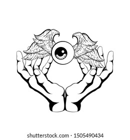 Vector hand drawn illustration of human eye with wings and human hands isolated. Creative tattoo artwork. Template for card, poster. banner, print for t-shirt, pin, badge, patch.