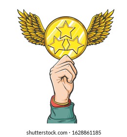 Vector hand drawn illustration of human hand with gold medal with wings and stars, vector illustration isolatede on white background
