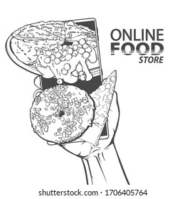 Vector hand drawn illustration of human ahnd with mobile phone, online food store, deliver option, isolated on white background