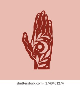 Vector hand drawn illustration of human had with eyes and moon isolated. Tattoo artwork with leaves. Template for card, poster, banner, print for t-shirt, pin, badge, patch.