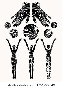 Vector hand drawn illustration of human hands with planets and women isolated. Tattoo surreal artwork. Template for card, poster, banner, print for t-shirt, pin, badge, patch.