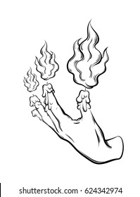 Vector hand drawn illustration  of human hand with fire and  melting fingers. Tattoo artwork. Template for card, poster, banner, print for t-shirt. 