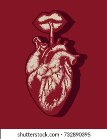 Vector hand drawn illustration of human heart with lips and straw. Hand sketched tattoo artwork. Template for card, poster, banner, print for t-shirt. 
