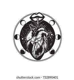 Vector hand drawn illustration of human heart with lips and straw. Hand sketched tattoo artwork. Template for card, poster, banner, print for t-shirt. 