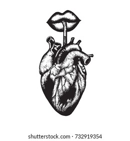 Vector hand drawn illustration of human heart with lips and straw. Hand sketched tattoo artwork. Template for card, poster, banner, print for t-shirt.