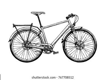 Vector hand drawn illustration of hybrid bicycle in ink hand drawn style. Hard tail.