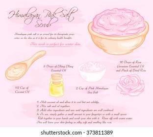 vector hand drawn illustration of hymalayan pink rose salt scrub recipe.