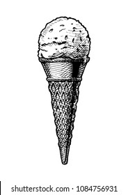 Vector hand drawn illustration of ice cream scoop in a cone in vintage engraved style. Isolated on white background. 