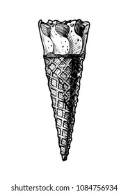 Vector hand drawn illustration of ice cream cone in vintage engraved style. Isolated on white background. 