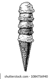 Vector hand drawn illustration of ice cream tower with label in vintage engraved style. isolated on white background.