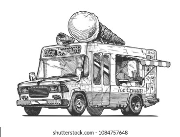 Vector Hand Drawn Illustration Of Ice Cream Truck In Vintage Engraved Style. Isolated On White Background. 