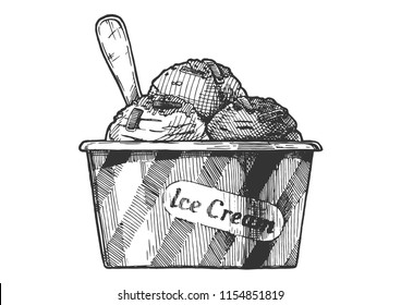 Vector hand drawn illustration of Ice Cream served in paper bowl. In vintage engraved style. Isolated on white background. 