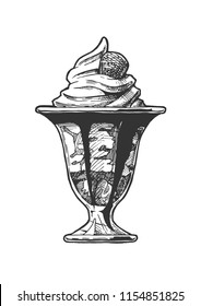 Vector hand drawn illustration of Ice Cream served in glass bowl. In vintage engraved style. Isolated on white background. 