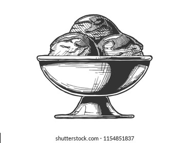 Vector hand drawn illustration of Ice Cream served in steel bowl. In vintage engraved style. Isolated on white background.