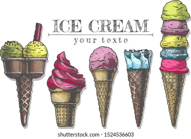 Vector hand drawn illustration of Ice cream cones set in vintage engraved style. isolated on white background.