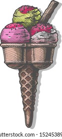 Vector hand drawn illustration of  ice cream scoop in vintage engraved style. Isolated on white background. 
