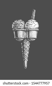 Vector hand drawn illustration of  ice cream scoop in vintage engraved style. Isolated on black background. 